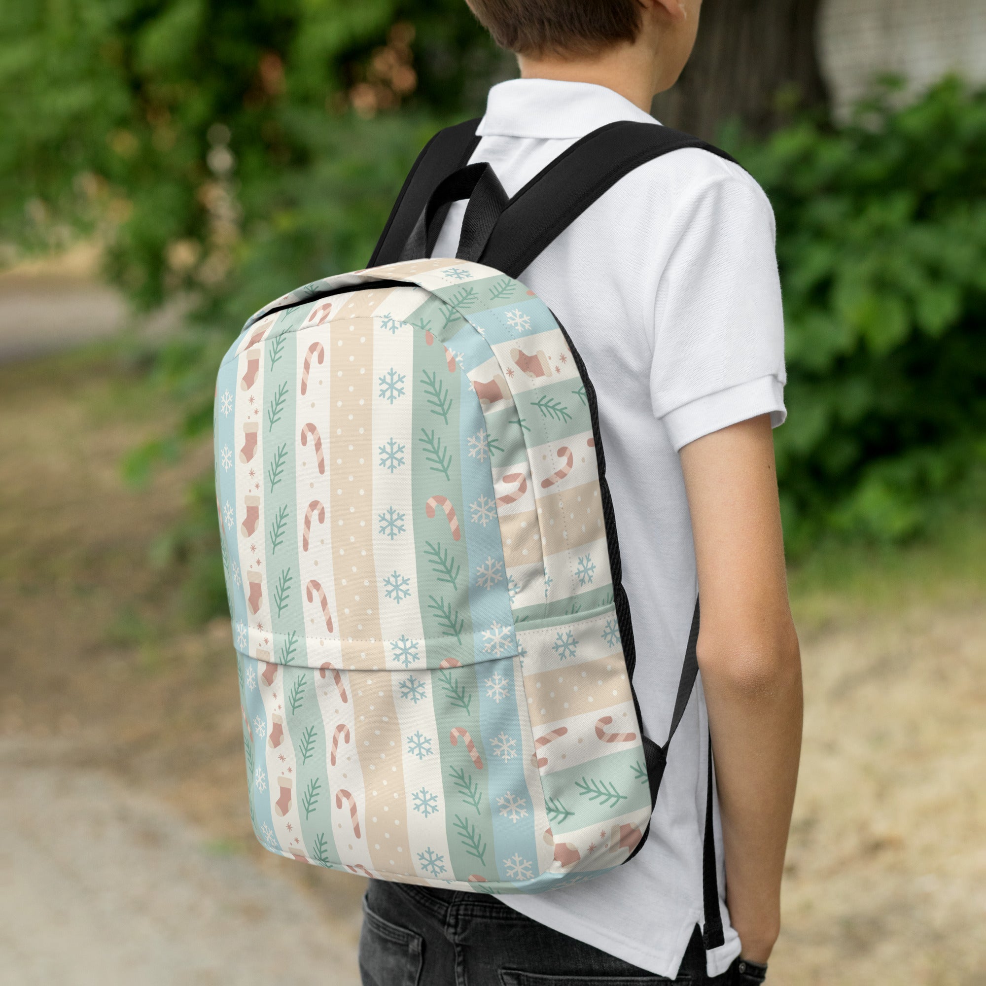 Kids Christmas Stripe Backpack - Water-Resistant School Bag With Adjustable Padded Straps & Breathable Mesh Back