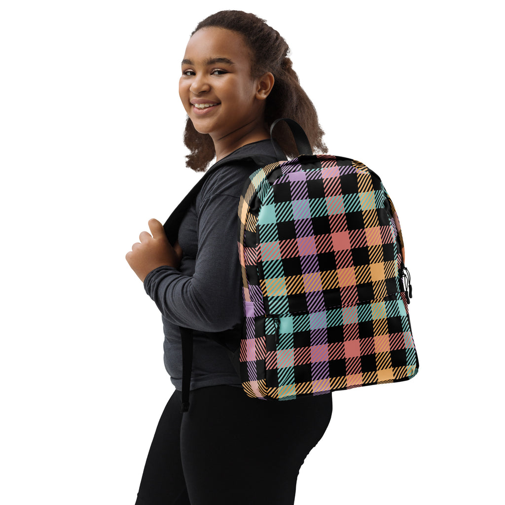 Girls Pastel Rainbow Plaid Backpack - Water-Resistant School Bag With Adjustable Padded Straps & Breathable Mesh Back