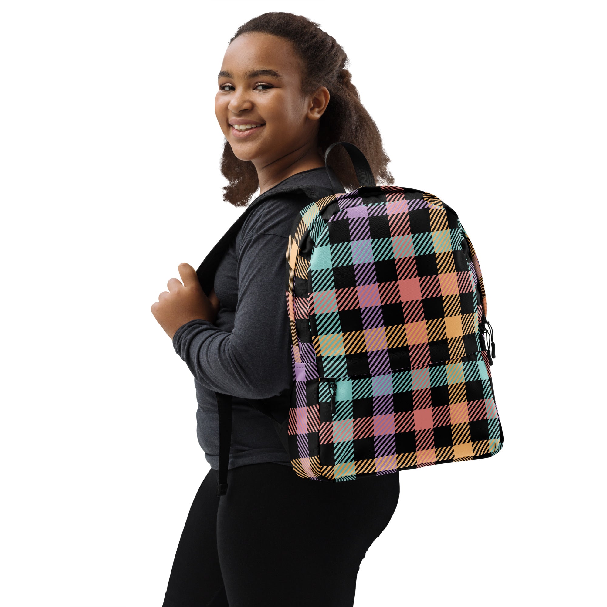 Girls Pastel Rainbow Plaid Backpack - Water-Resistant School Bag With Adjustable Padded Straps & Breathable Mesh Back