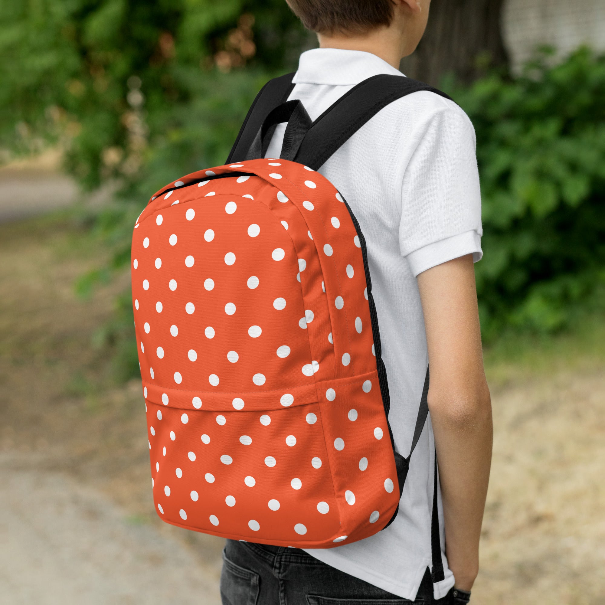 Kids Bright Orange Polka Dot Backpack - Water-Resistant School Bag With Adjustable Padded Straps & Breathable Mesh Back