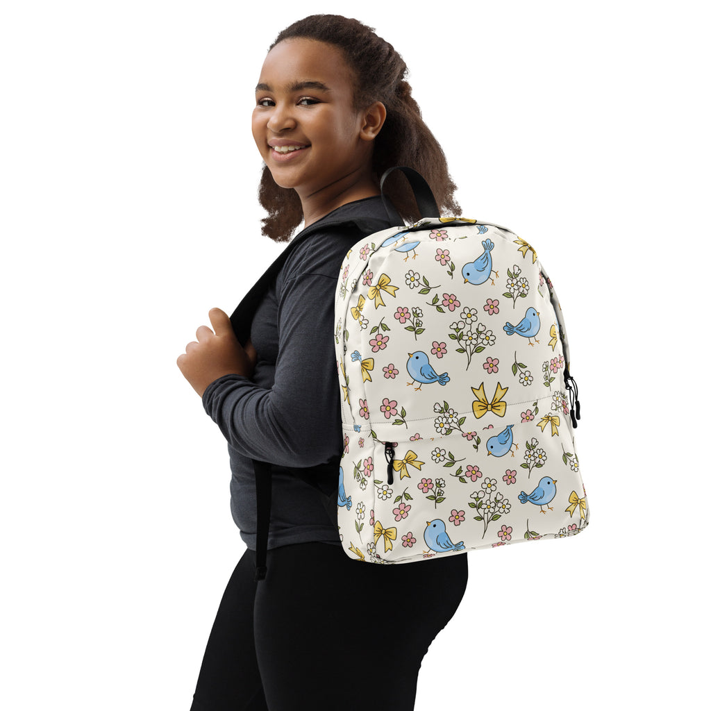 Girls Blue Bird Floral Backpack - Water-Resistant School Bag With Adjustable Padded Straps & Breathable Mesh Back