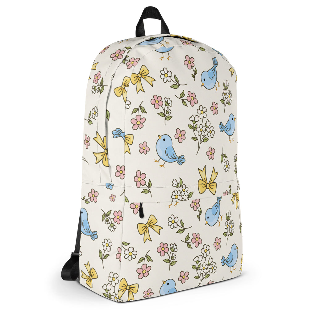 Girls Blue Bird Floral Backpack - Water-Resistant School Bag With Adjustable Padded Straps & Breathable Mesh Back