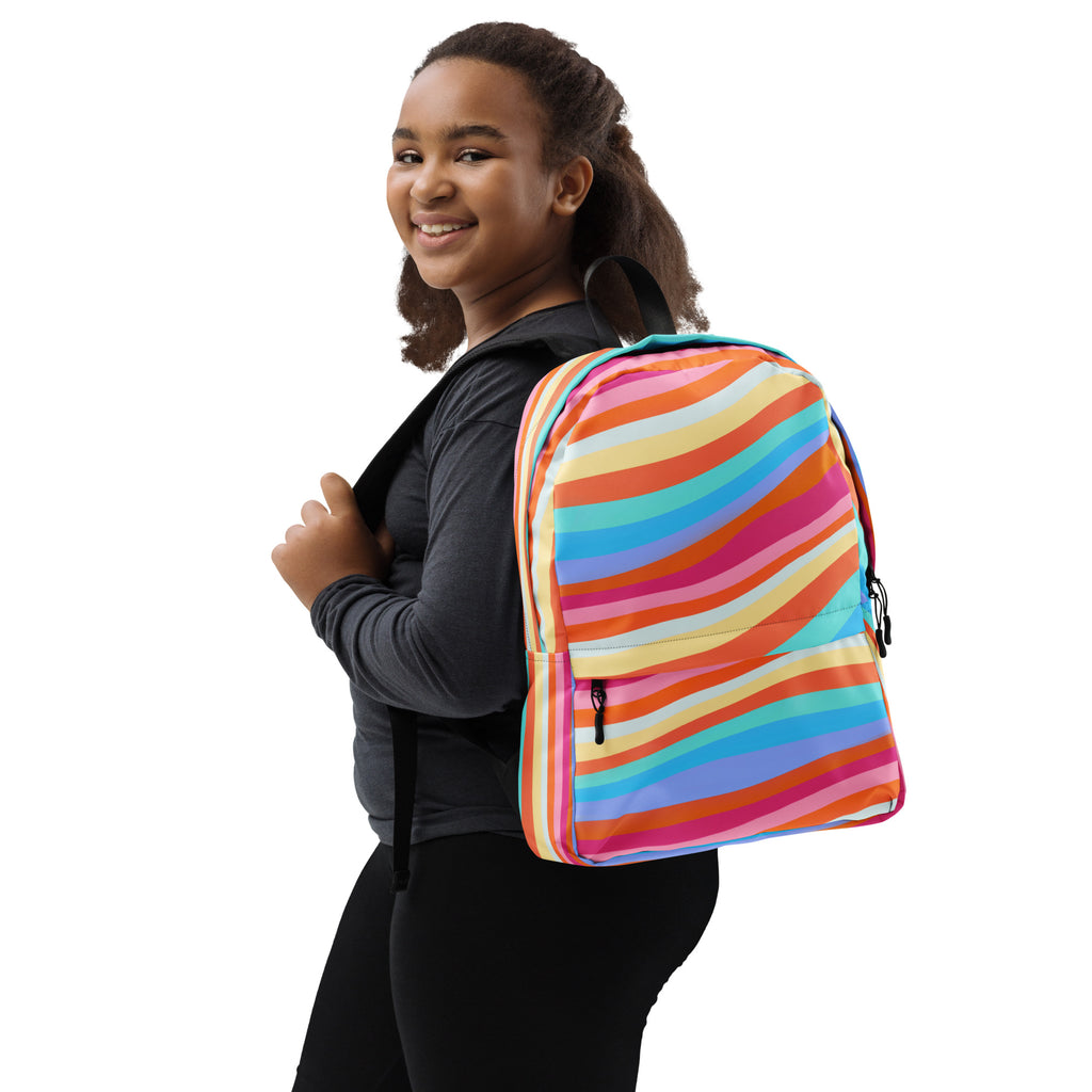 Girls Colorful Wavy Sand Stripe Backpack - Water-Resistant School Bag With Adjustable Padded Straps & Breathable Mesh Back
