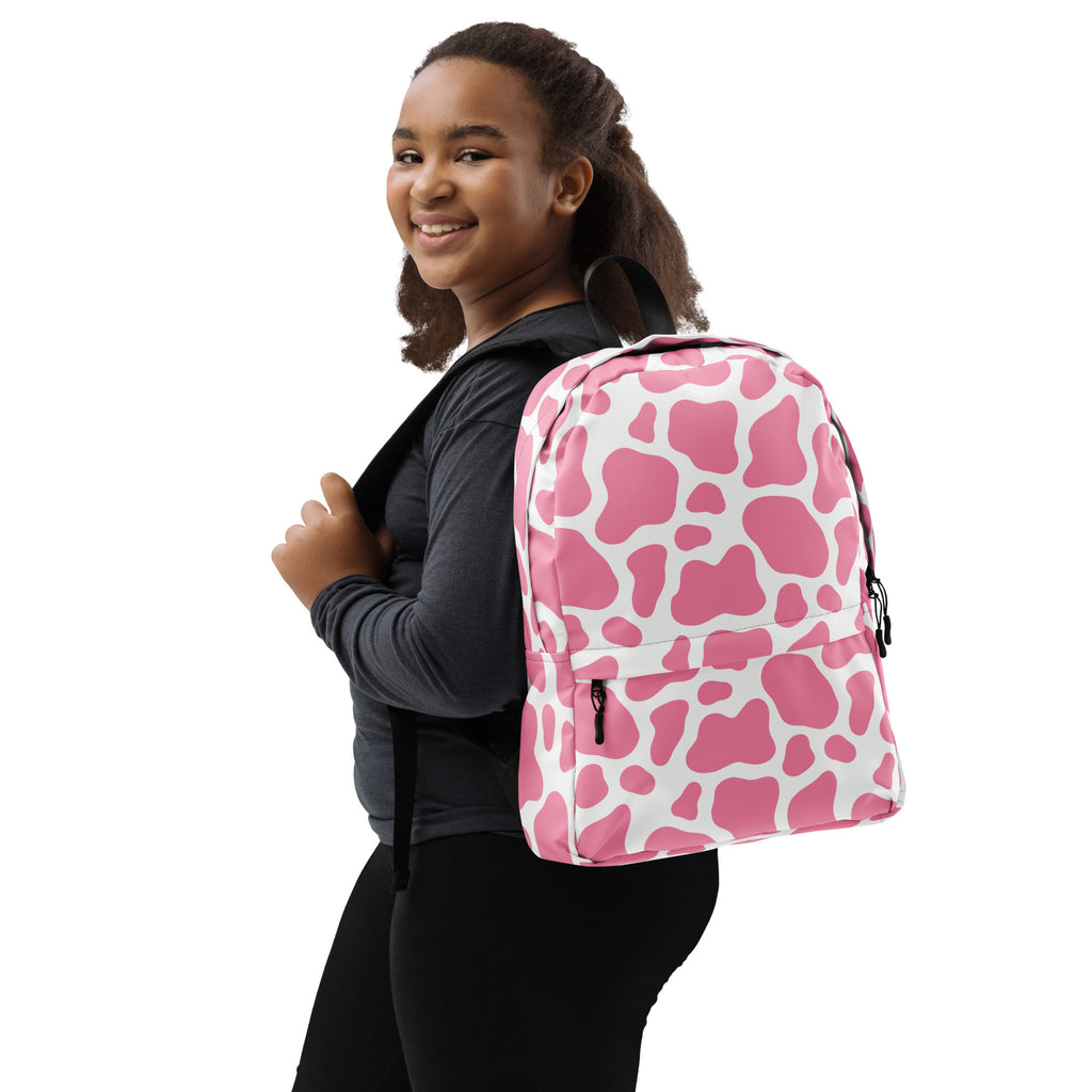 Girls Pink Cow Print Backpack - Water-Resistant School Bag With Adjustable Padded Straps & Breathable Mesh Back