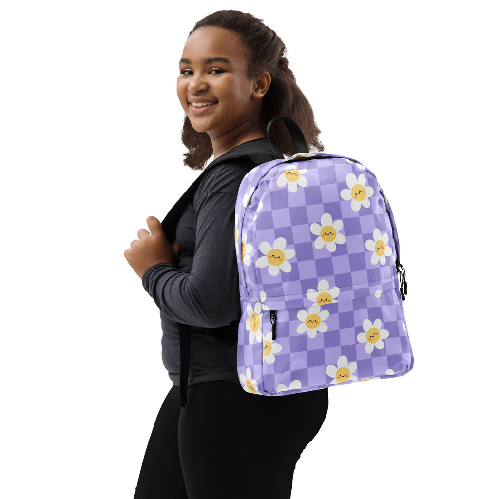 Girls Purple Daisy Checkered Backpack - Water-Resistant School Bag With Adjustable Padded Straps & Breathable Mesh Back