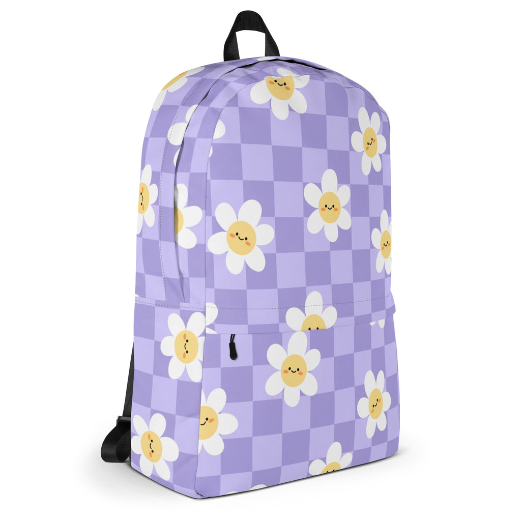 Girls Purple Daisy Checkered Backpack - Water-Resistant School Bag With Adjustable Padded Straps & Breathable Mesh Back