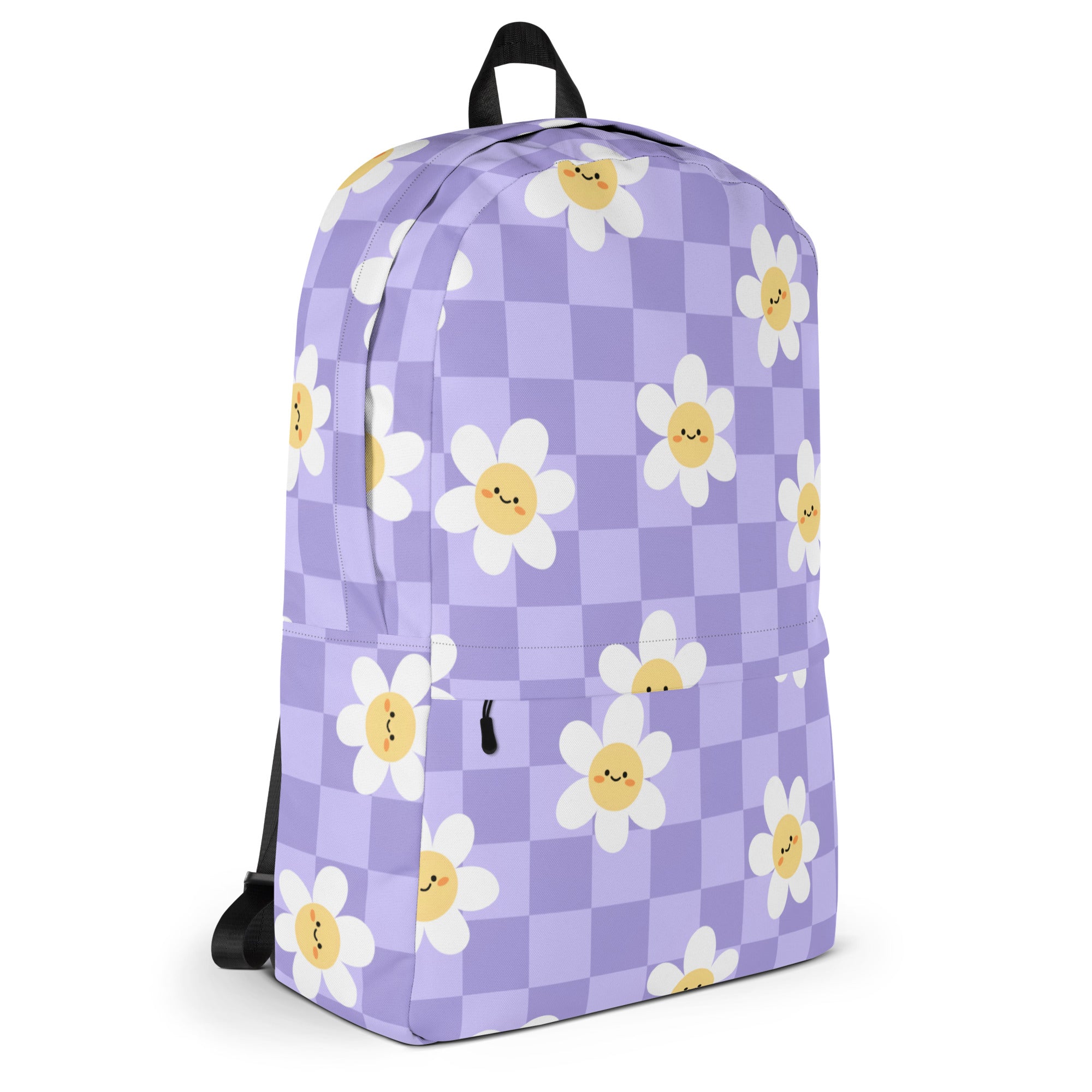 Girls Purple Daisy Checkered Backpack - Water-Resistant School Bag With Adjustable Padded Straps & Breathable Mesh Back