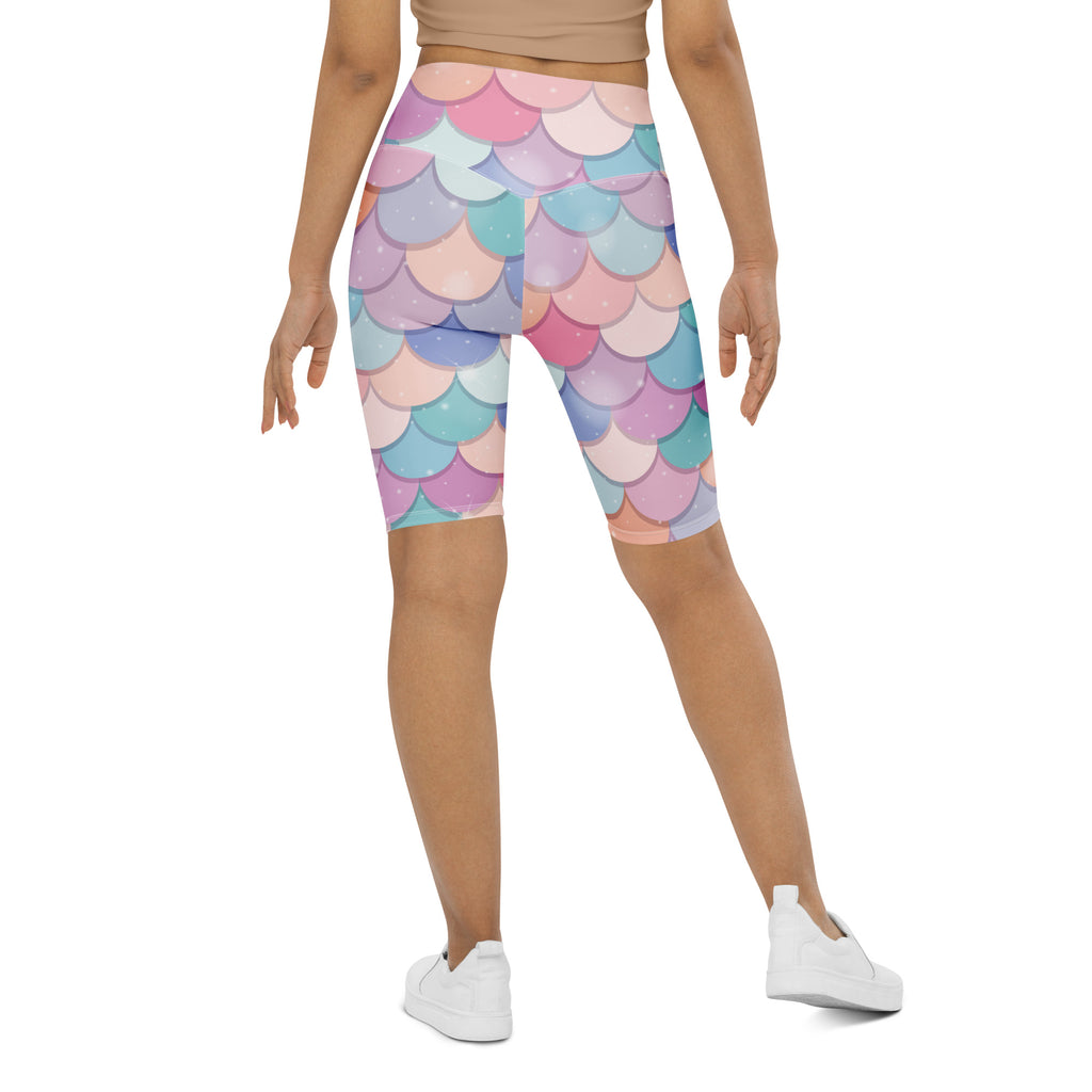 Women’s rainbow mermaid high waisted biker shorts with pastel mermaid scale pattern moisture wicking active fit