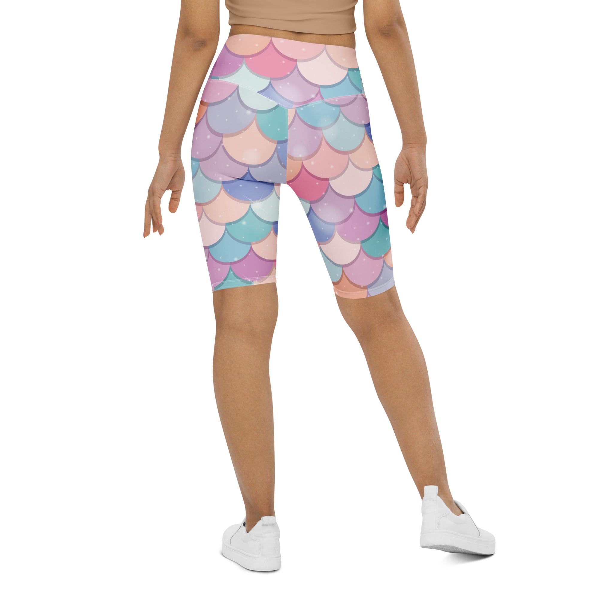 Women’s rainbow mermaid high waisted biker shorts with pastel mermaid scale pattern moisture wicking active fit