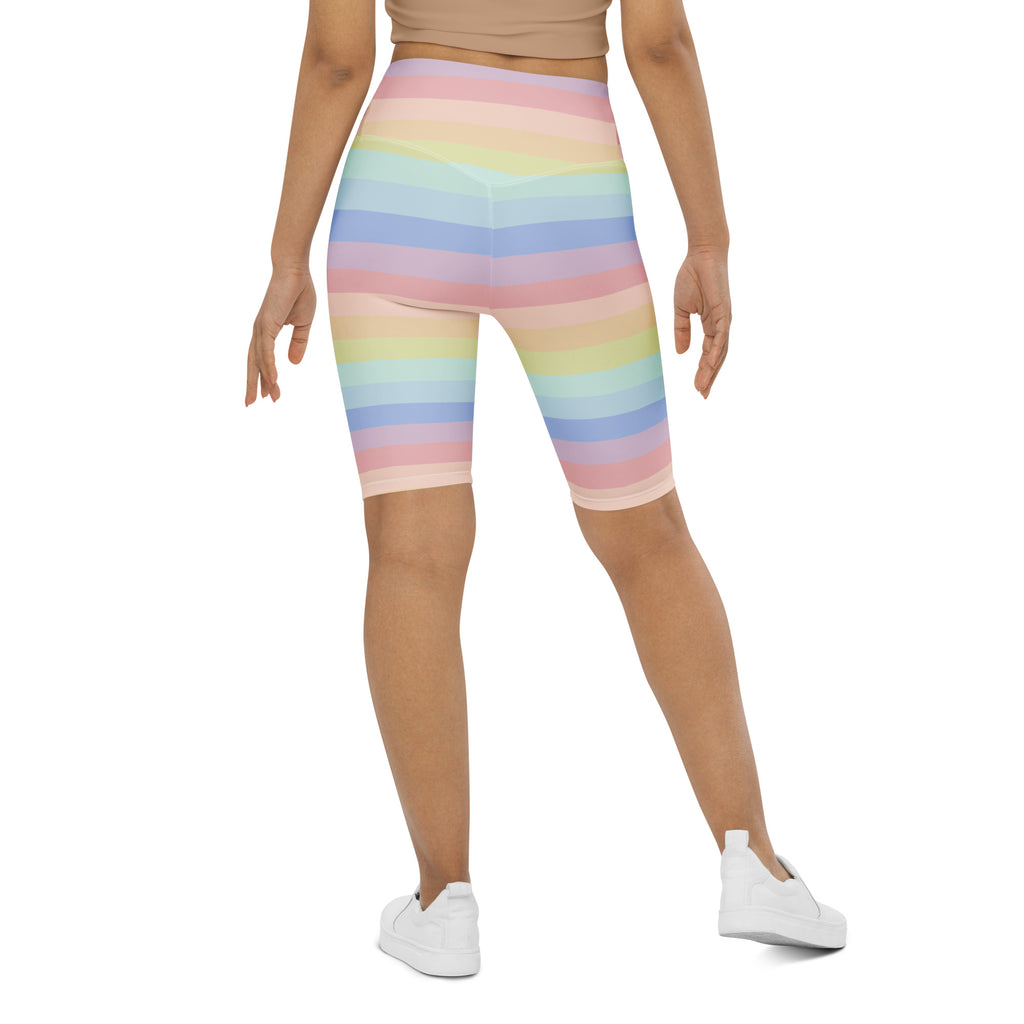 Women’s pastel striped rainbow high waisted biker shorts with moisture wicking fabric for active fit use