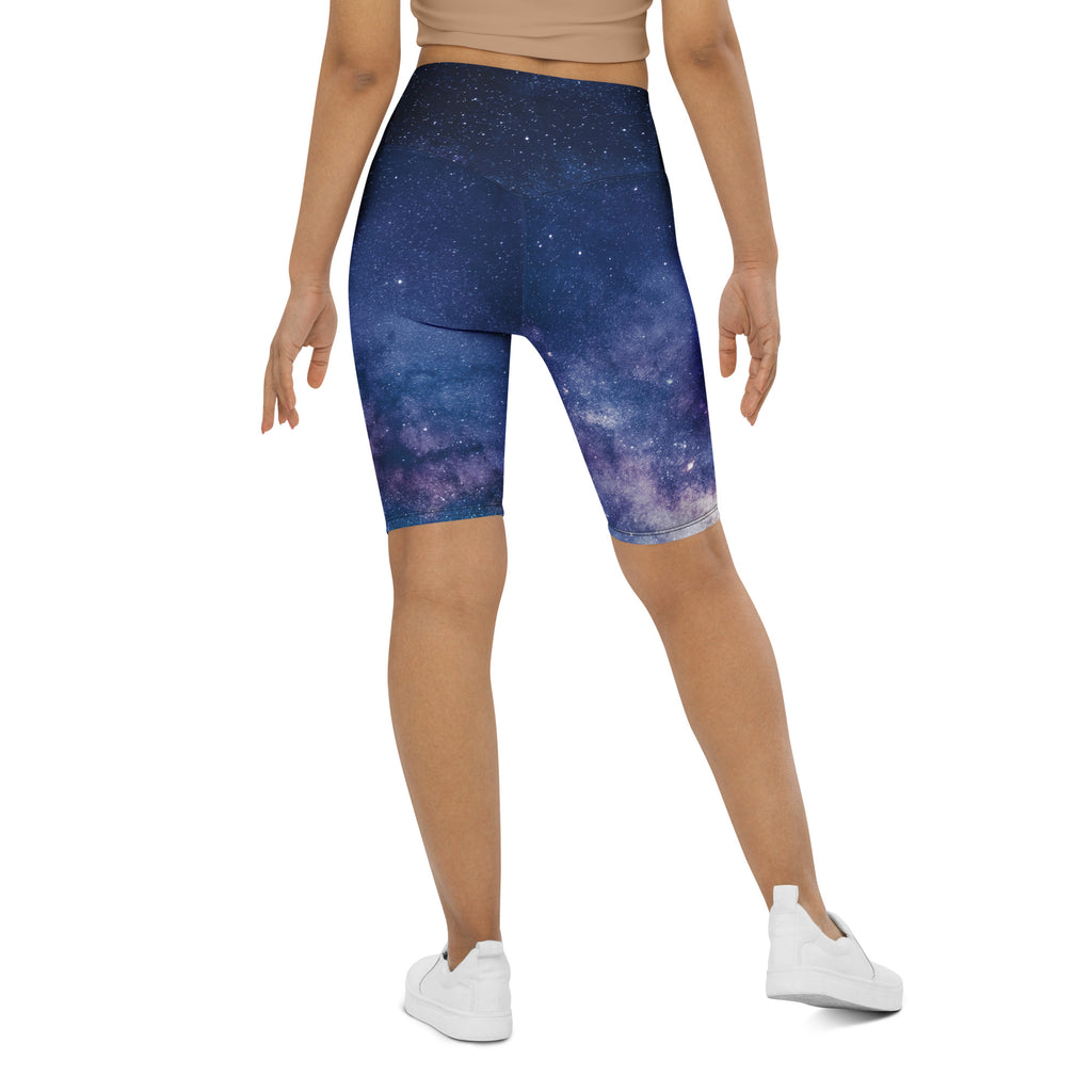 Women’s blue and purple galaxy high waisted biker shorts with moisture wicking active fit for workout wear
