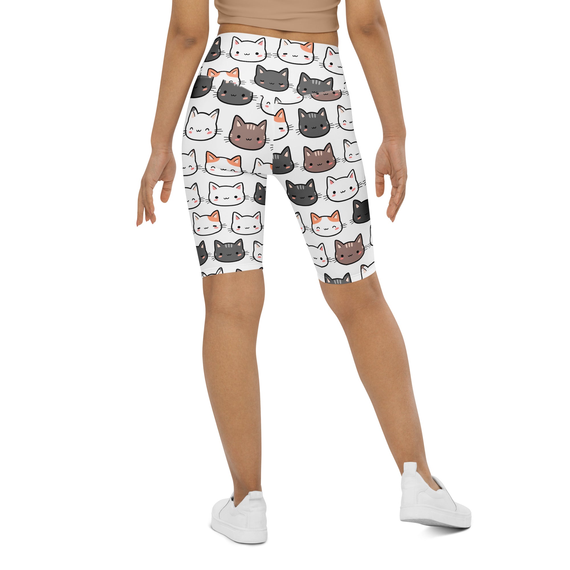 Women’s cute cat high waisted biker shorts in white with colorful cartoon cat pattern moisture wicking active fit