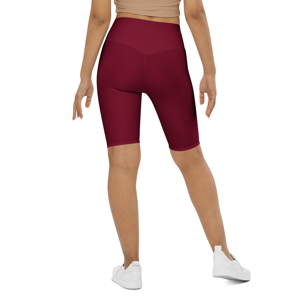 Women’s burgundy high waisted biker shorts with smooth stretchy fabric and moisture wicking active fit