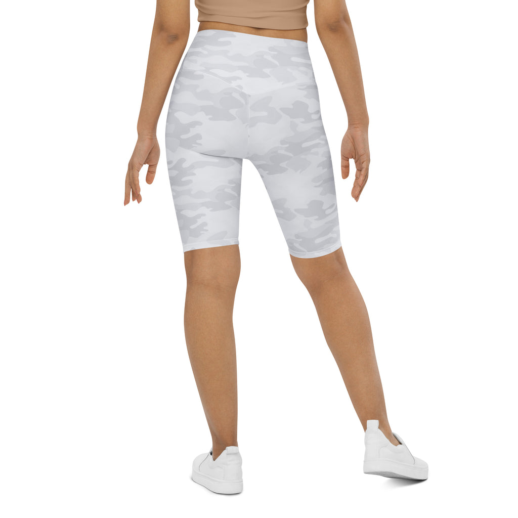 Women’s white camouflage high waisted biker shorts with moisture wicking fabric for active fit workouts