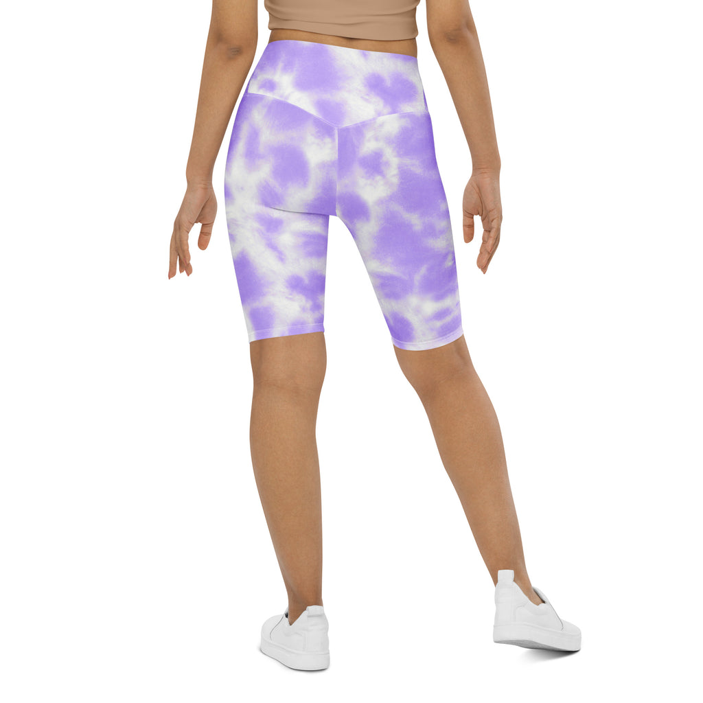 Women’s purple and white tie-dye high waisted biker shorts with moisture wicking fabric for active fit