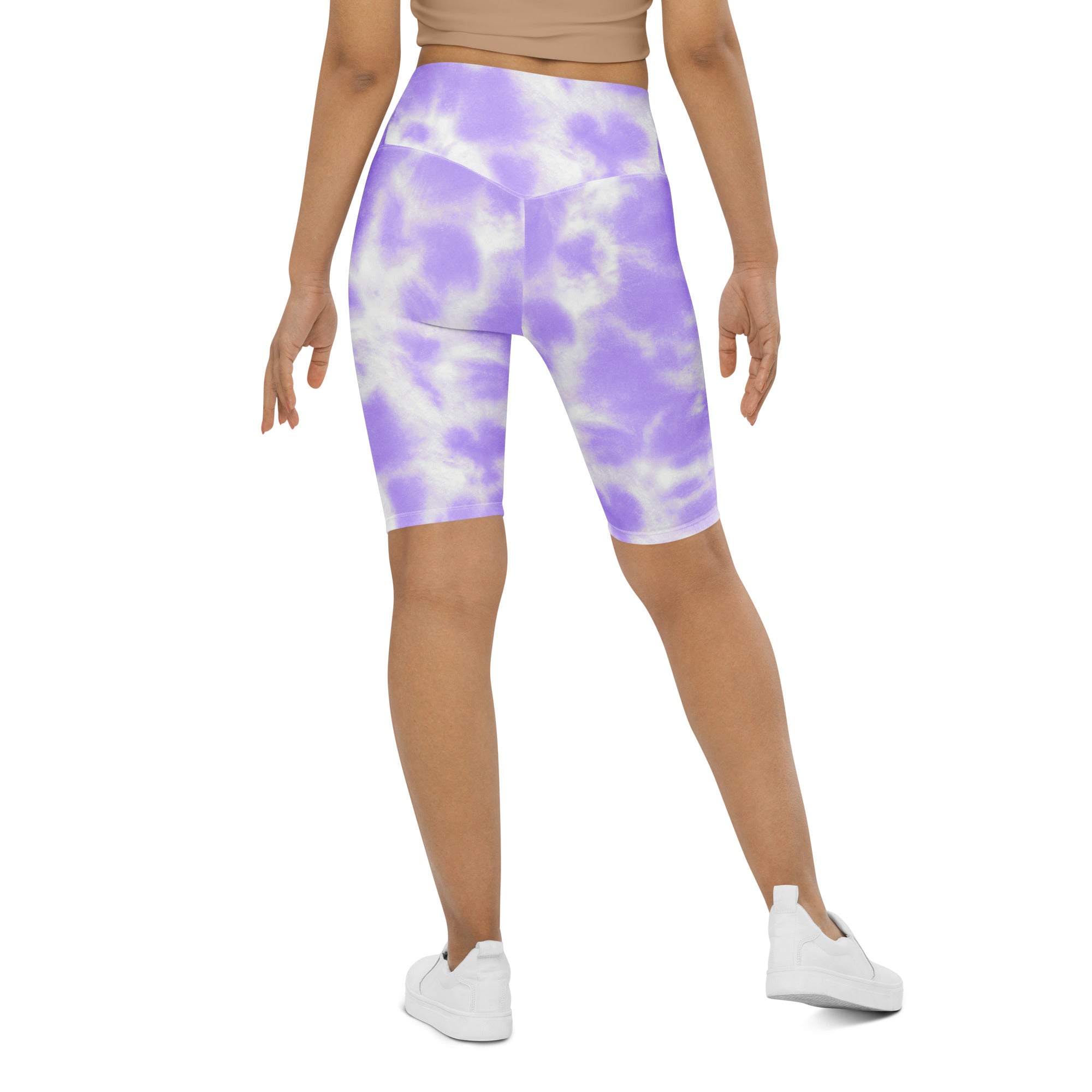 Women’s purple and white tie-dye high waisted biker shorts with moisture wicking fabric for active fit