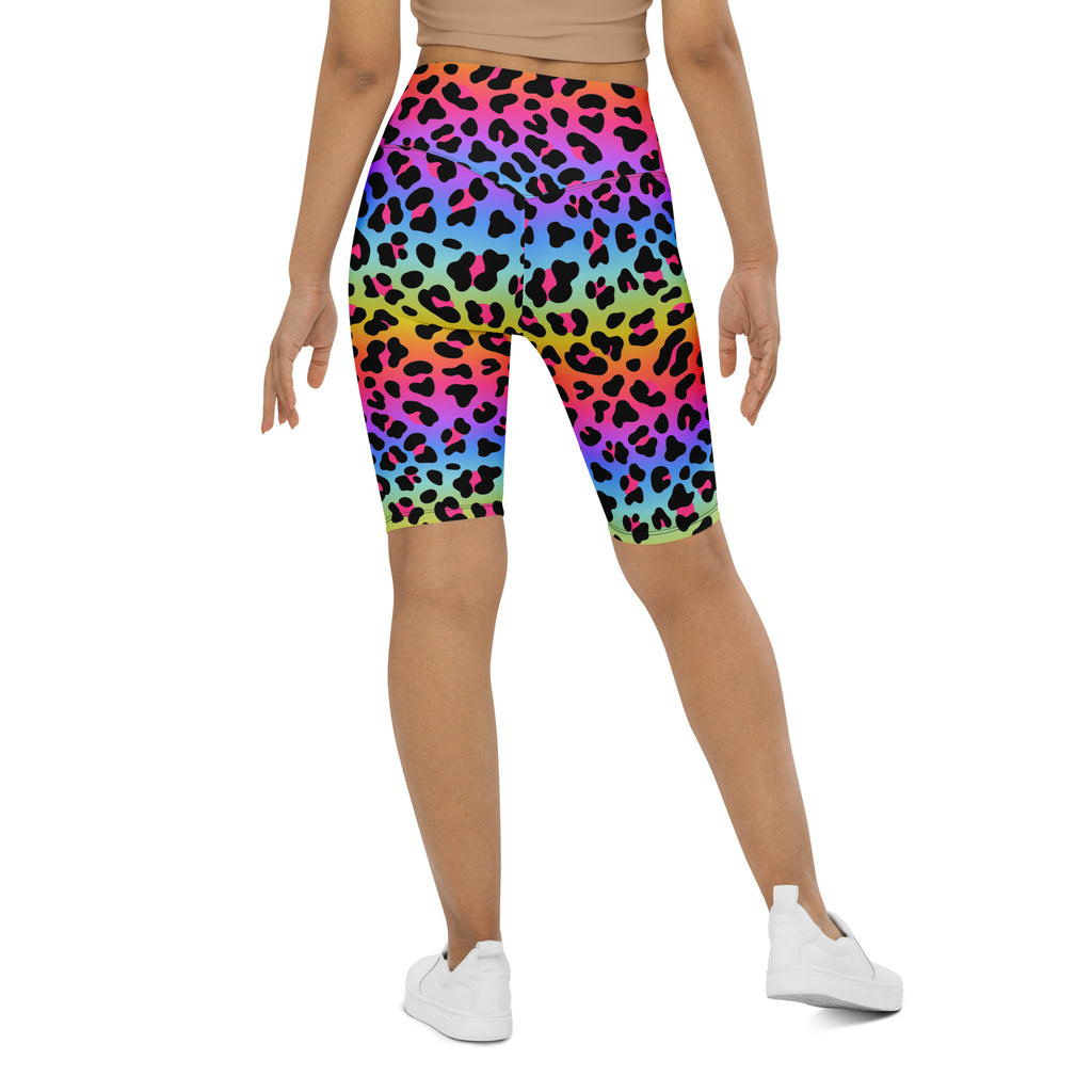 Women’s rainbow leopard high waisted biker shorts with black spots moisture wicking active fit fabric
