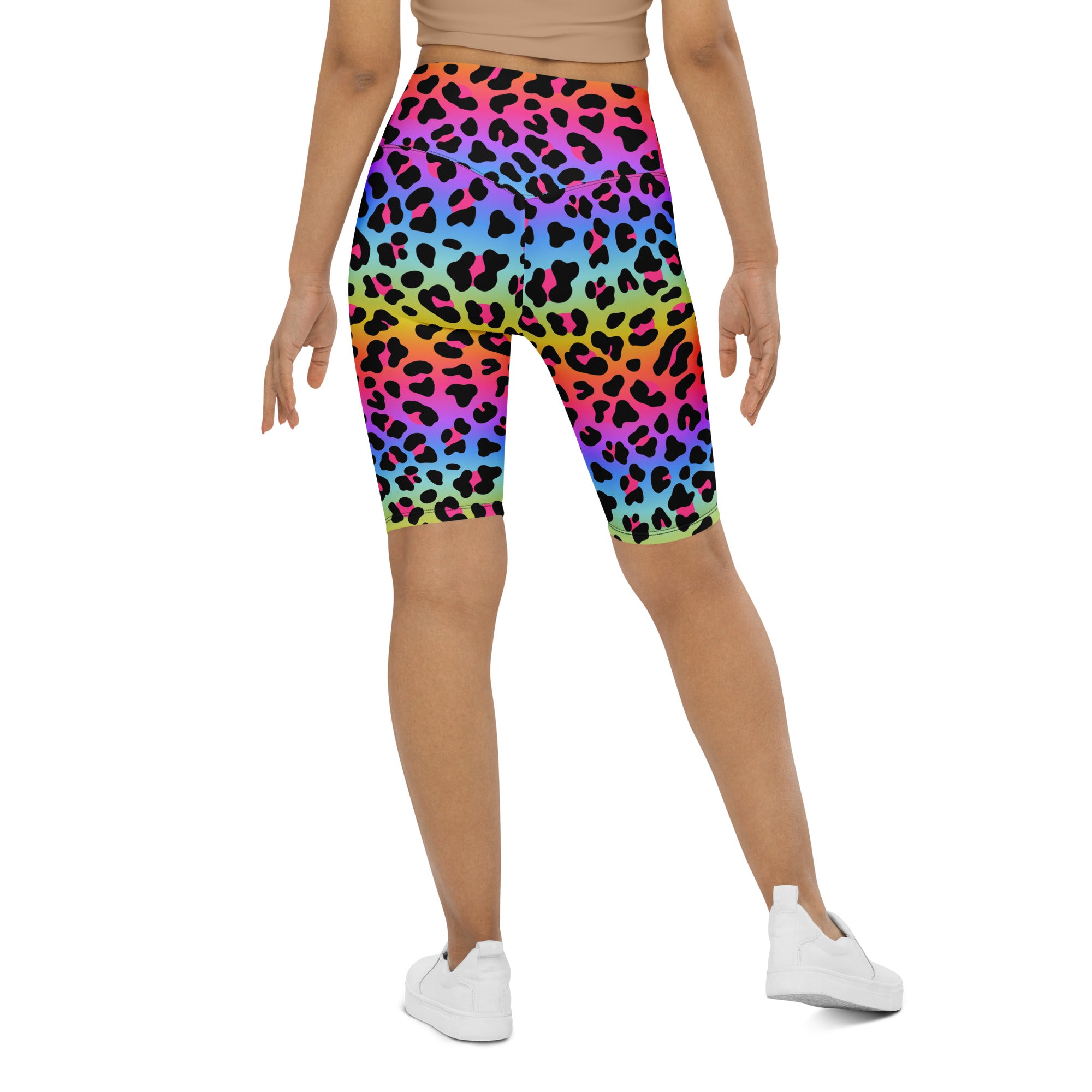 Women’s rainbow leopard high waisted biker shorts with black spots moisture wicking active fit fabric