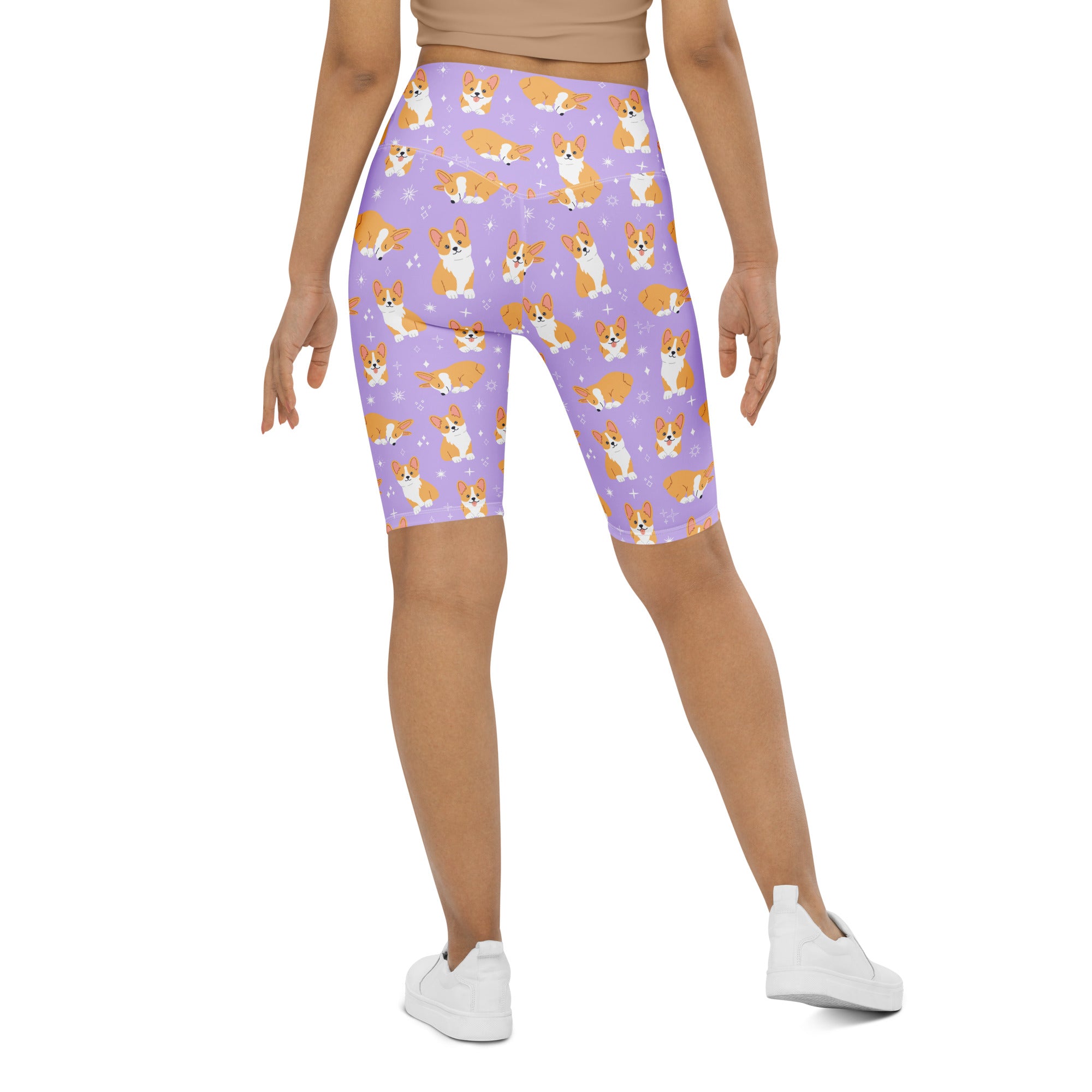 Women’s purple corgi dog high waisted biker shorts with moisture wicking fabric for active fit workouts