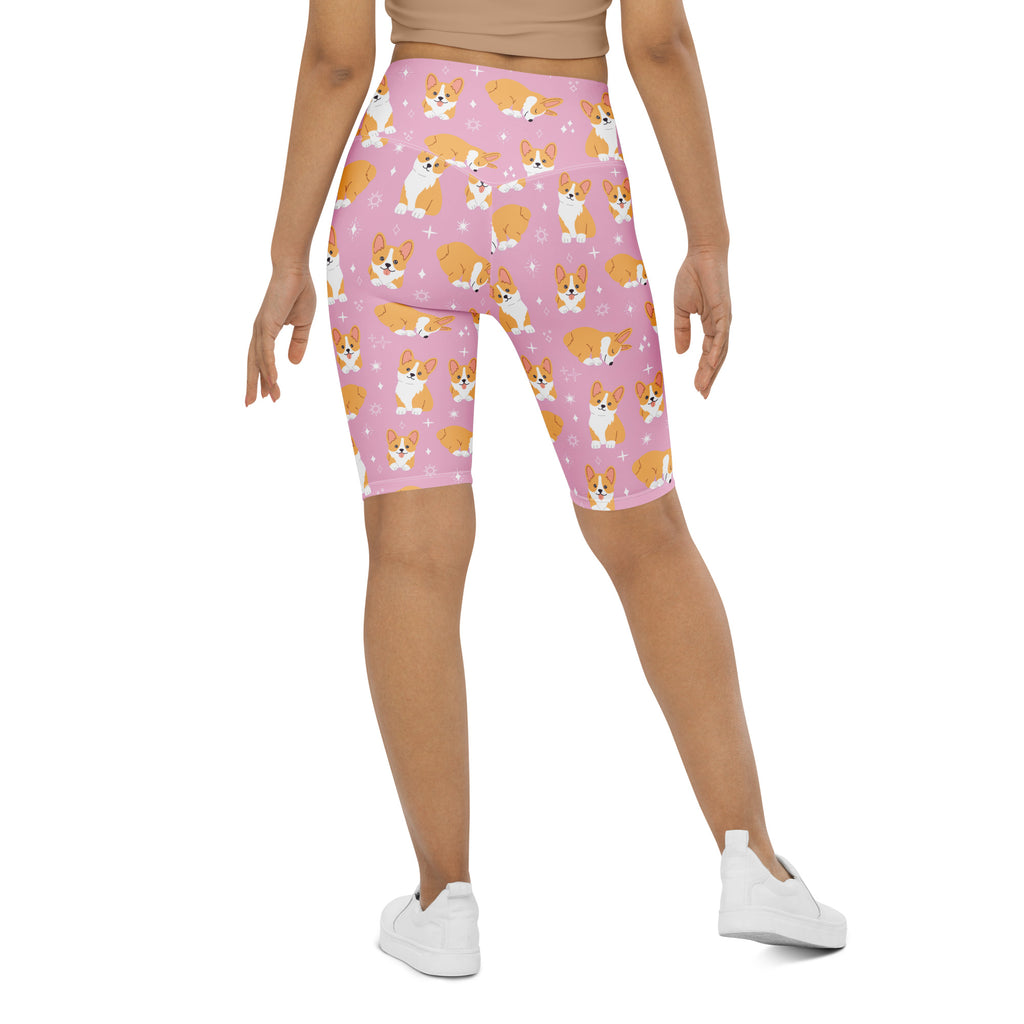 Women’s pink corgi dog high waisted biker shorts with moisture wicking fabric and active fit design