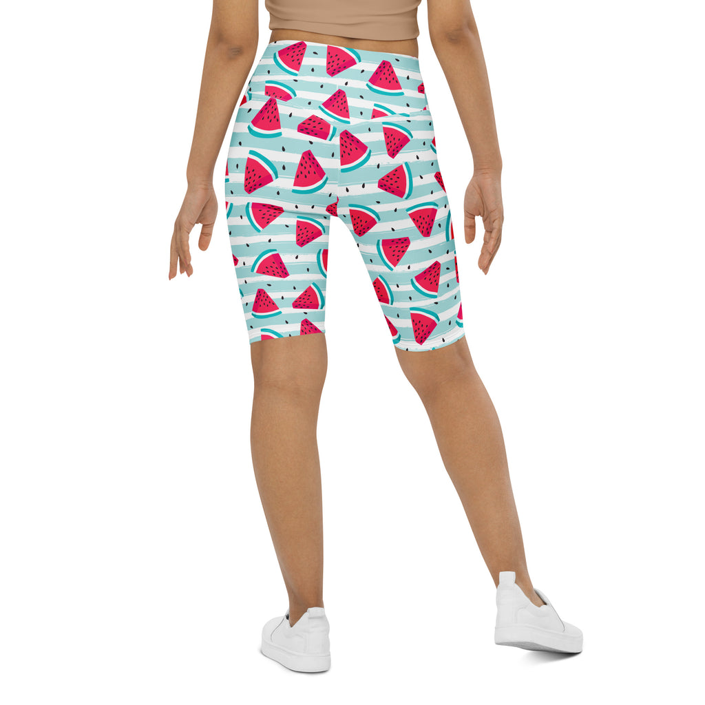 Women’s watermelon stripe high waisted biker shorts in vibrant red green and light blue moisture wicking active fit
