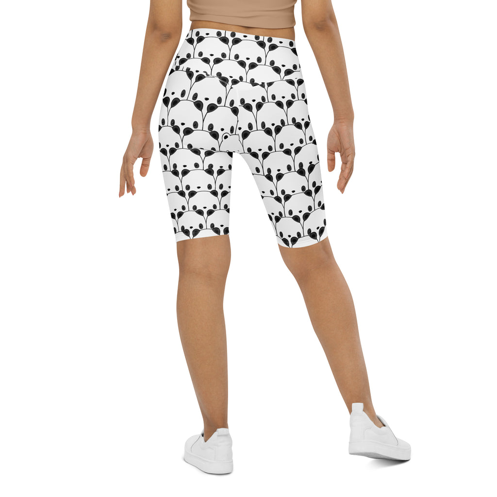 Women’s panda high waisted biker shorts with white and black panda face pattern moisture wicking active fit