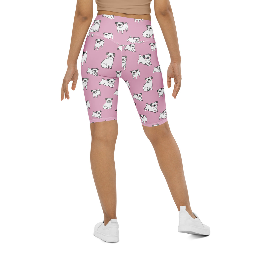 Women’s pink pug high waisted biker shorts with moisture wicking fabric and active fit for workout comfort