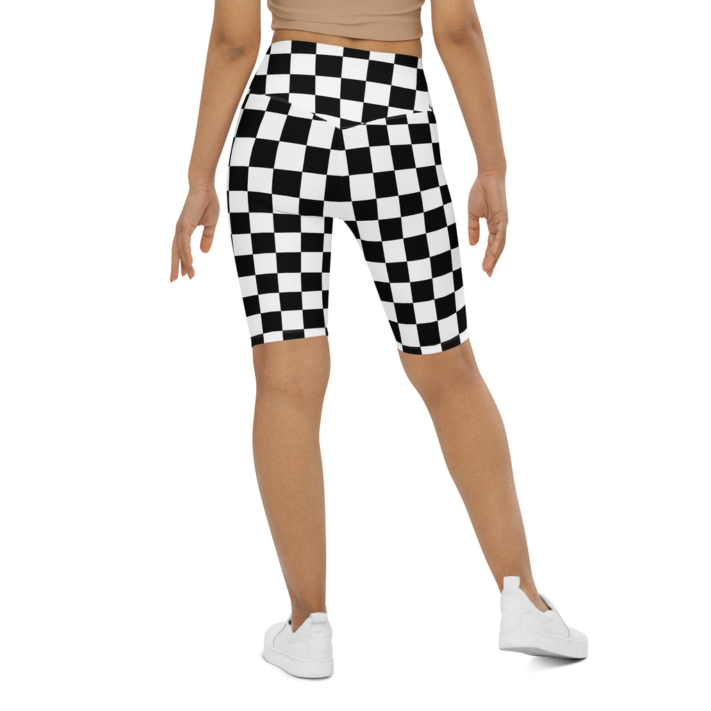 Women’s black and white checkerboard high waisted biker shorts with moisture wicking fabric and active fit design