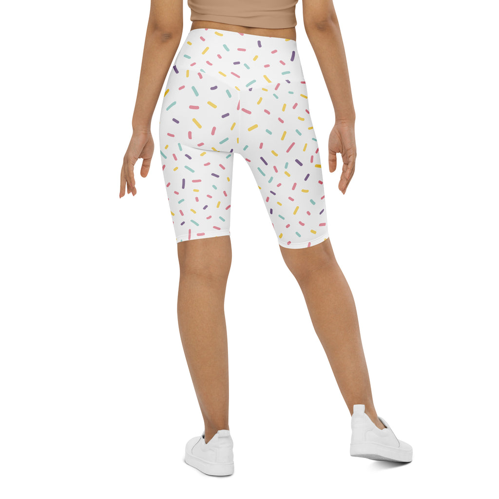 Women’s white high waisted bike shorts with multicolored sprinkle print moisture wicking active fit
