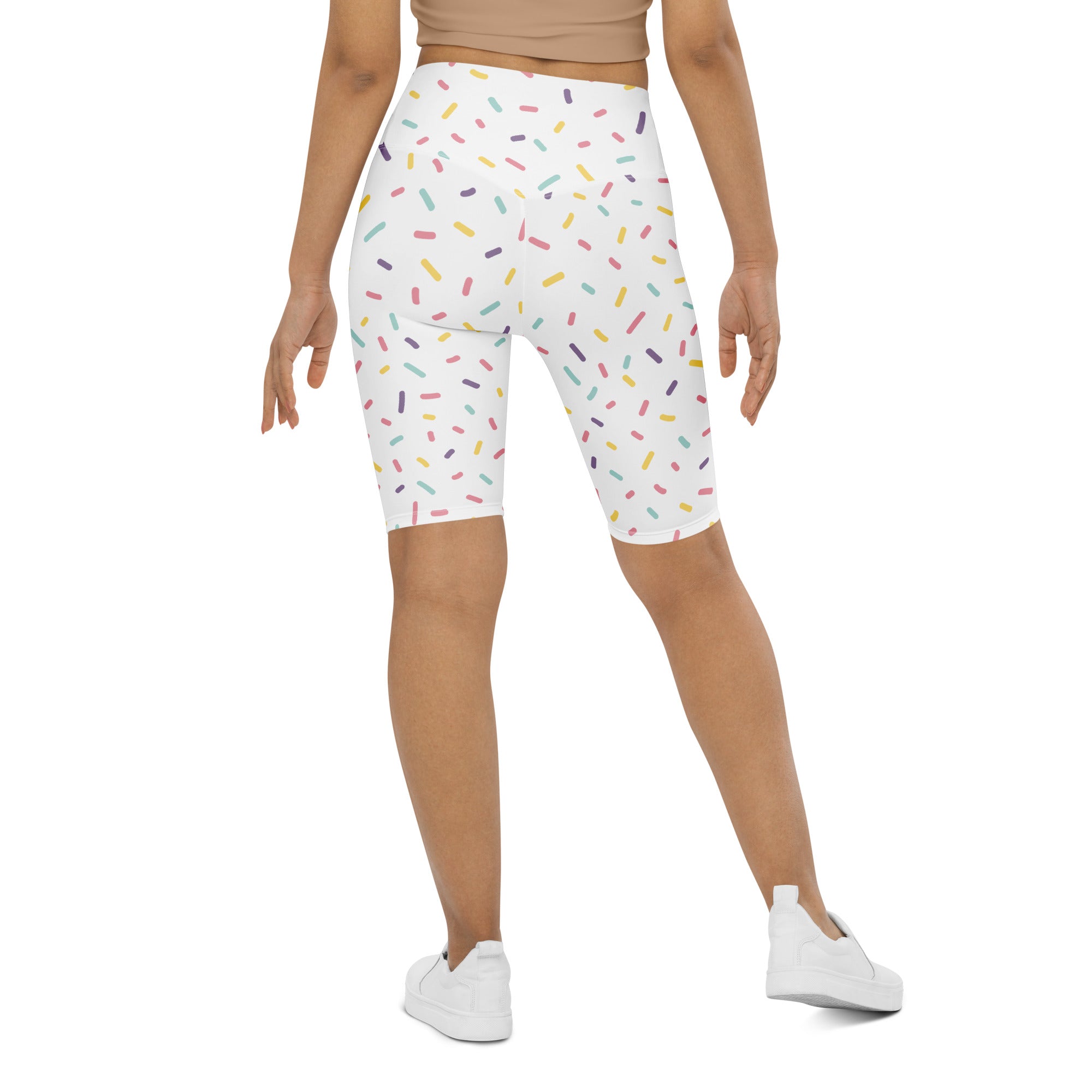 Women’s white high waisted bike shorts with multicolored sprinkle print moisture wicking active fit