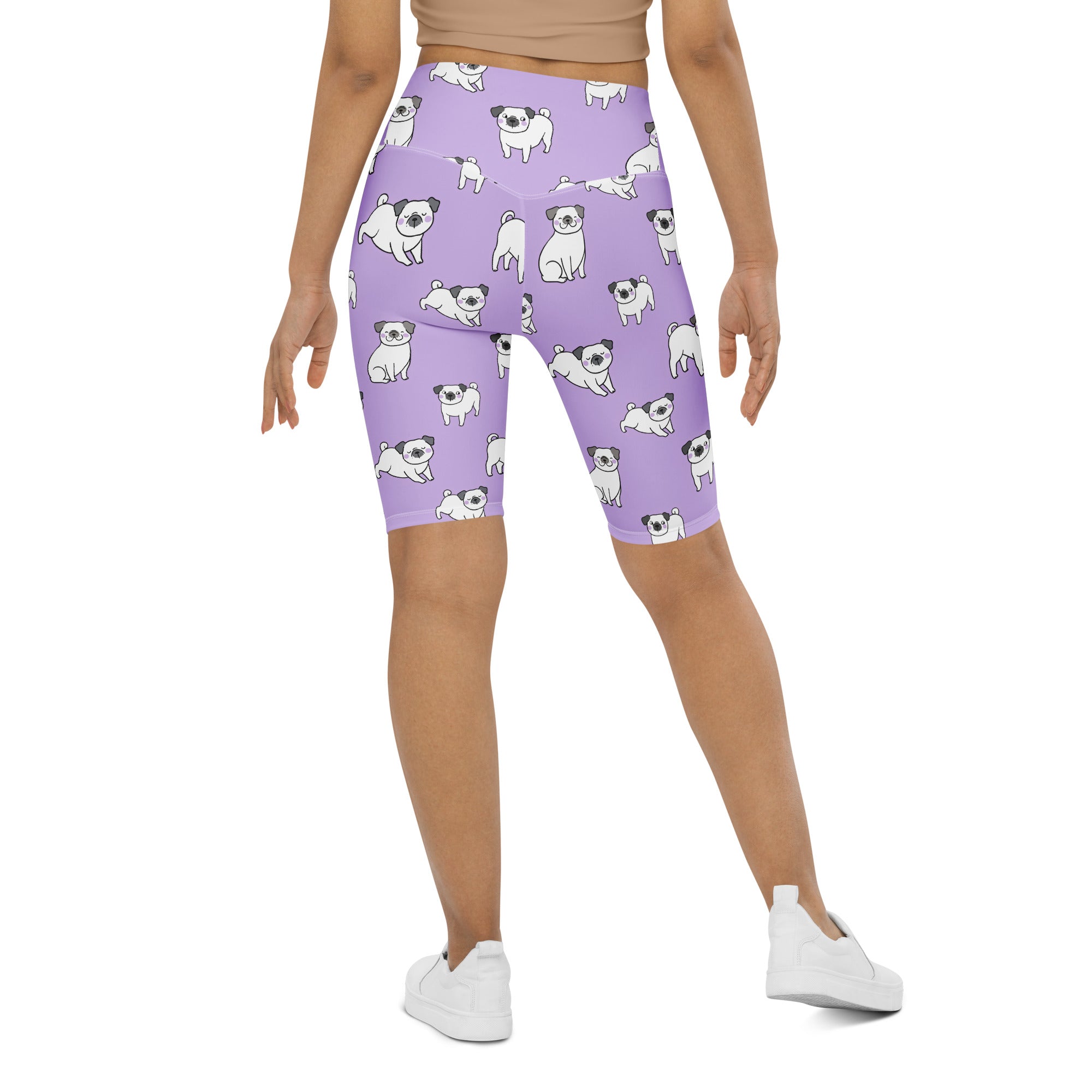 Women’s purple pug high waisted biker shorts with moisture wicking active fit featuring a playful white pug pattern