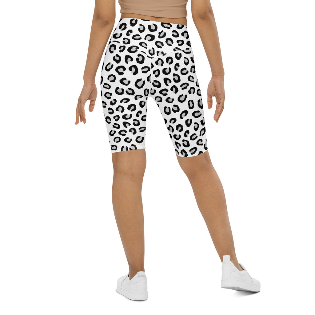 Women’s white leopard high waisted biker shorts with black spots moisture wicking active fit front view