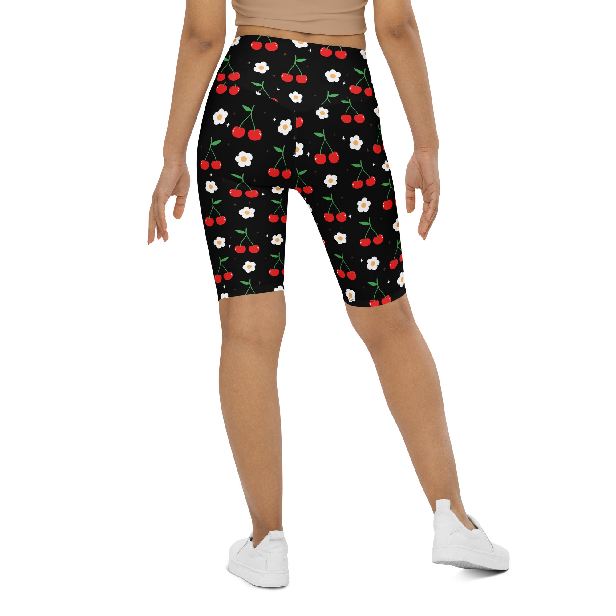 Women’s cherry blossom high waisted biker shorts with black cherry white flower pattern moisture wicking active fit