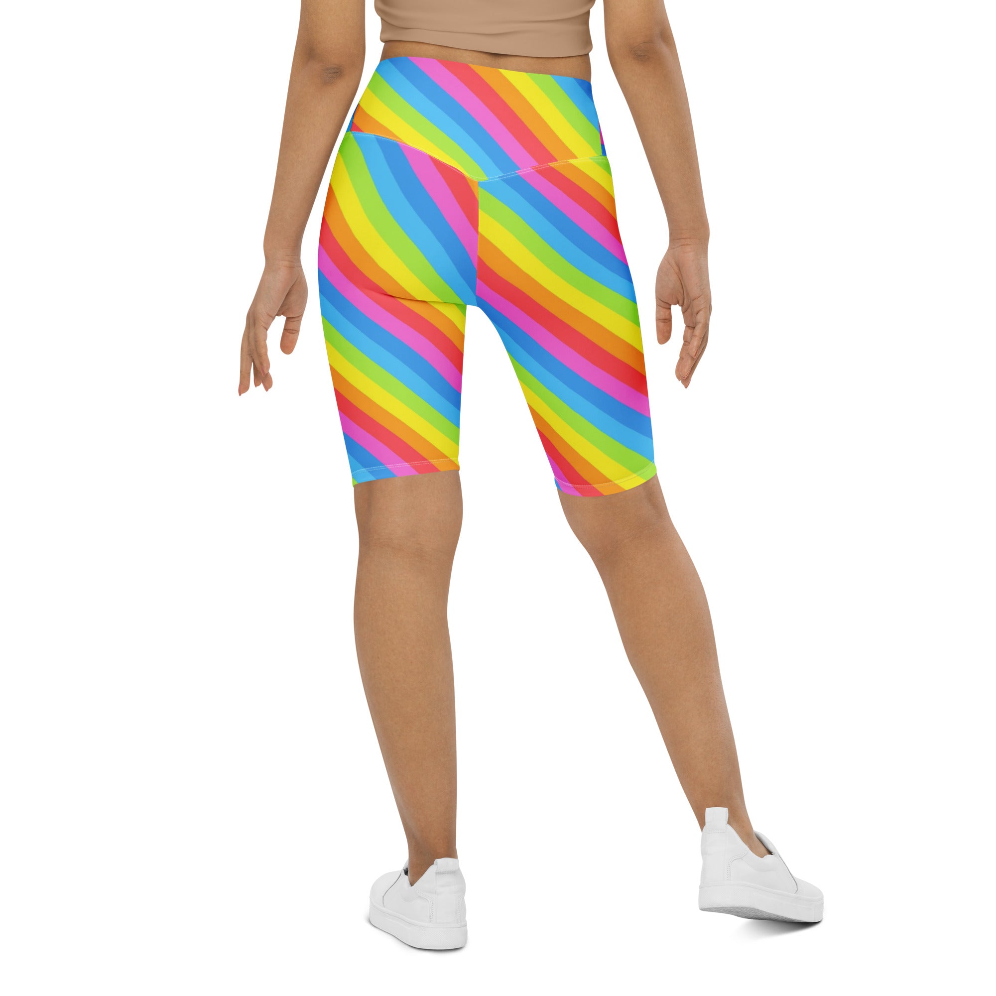 Women's Rainbow Stripe High Waisted Biker Shorts - Moisture Wicking Active Fit