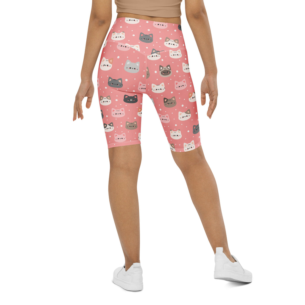 Pink cat faces high waisted biker shorts with moisture wicking soft fabric and playful gray white and pink cartoon cat pattern