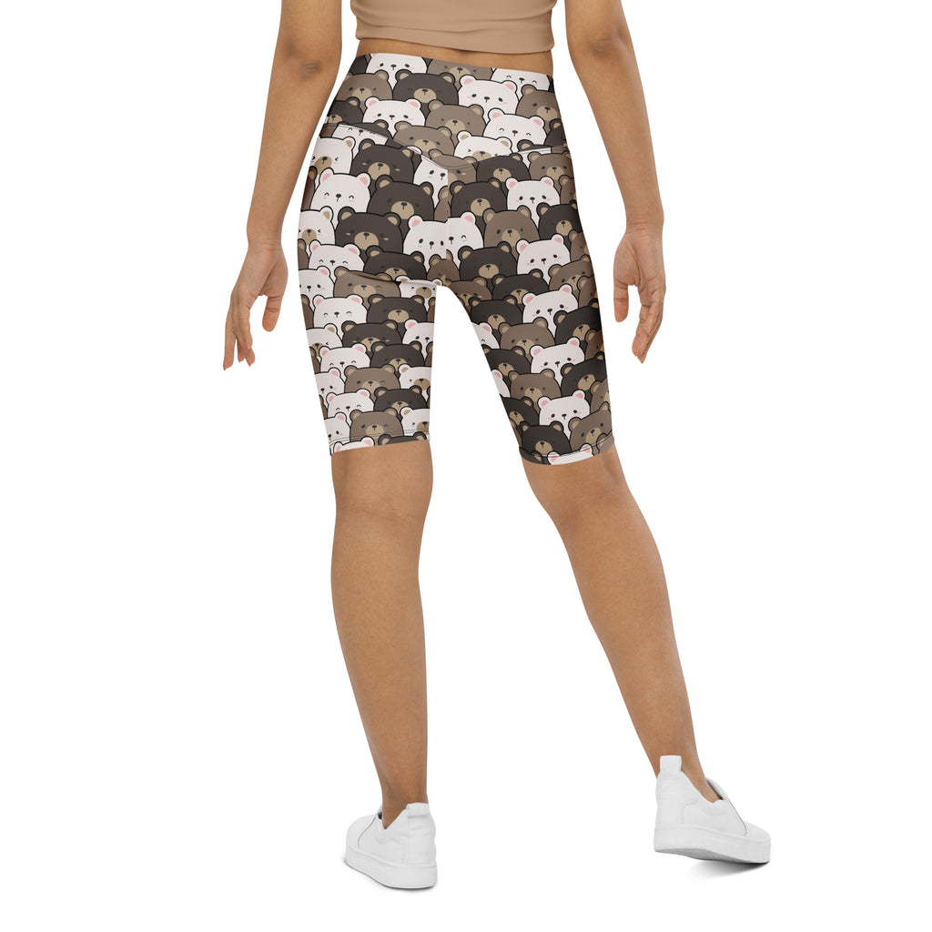 Women’s bear face high waisted biker shorts in moisture wicking fabric with white brown and dark gray cartoon bears on black