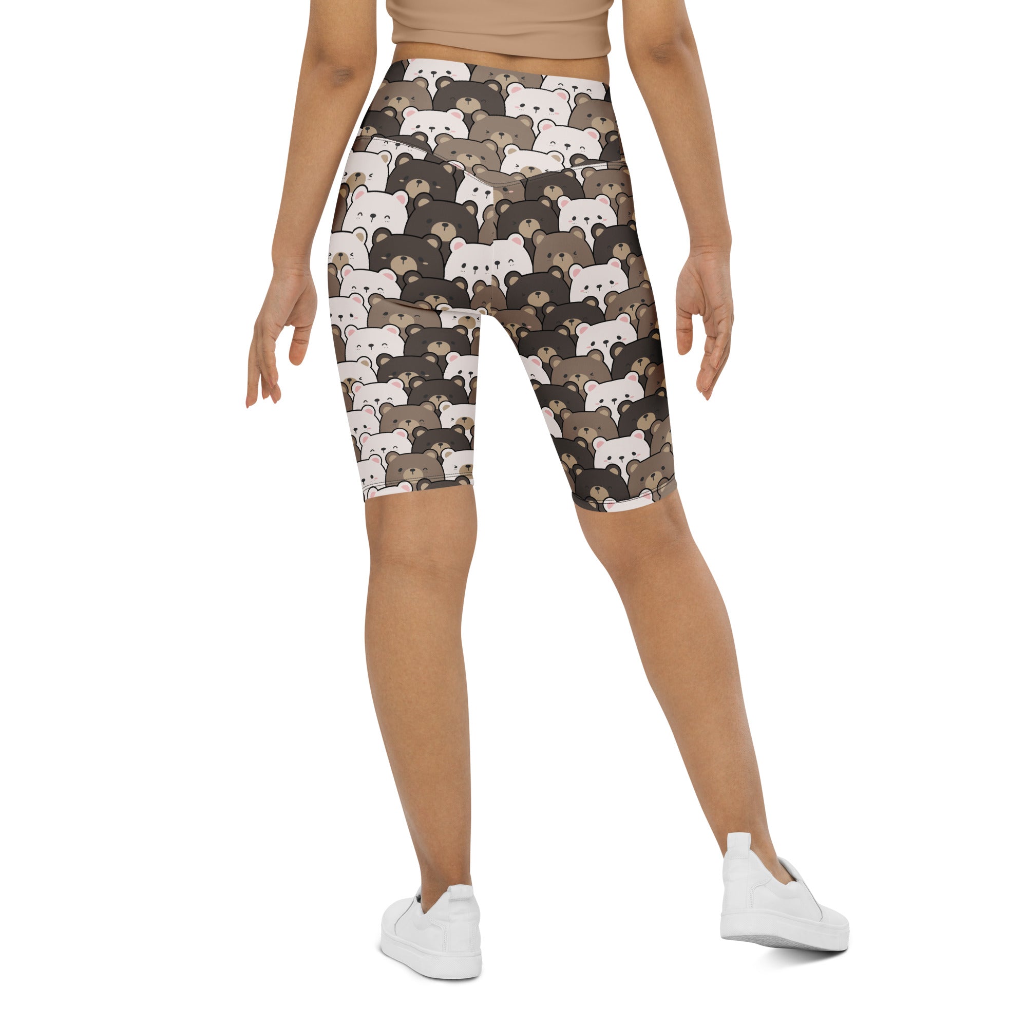 Women’s bear face high waisted biker shorts in moisture wicking fabric with white brown and dark gray cartoon bears on black