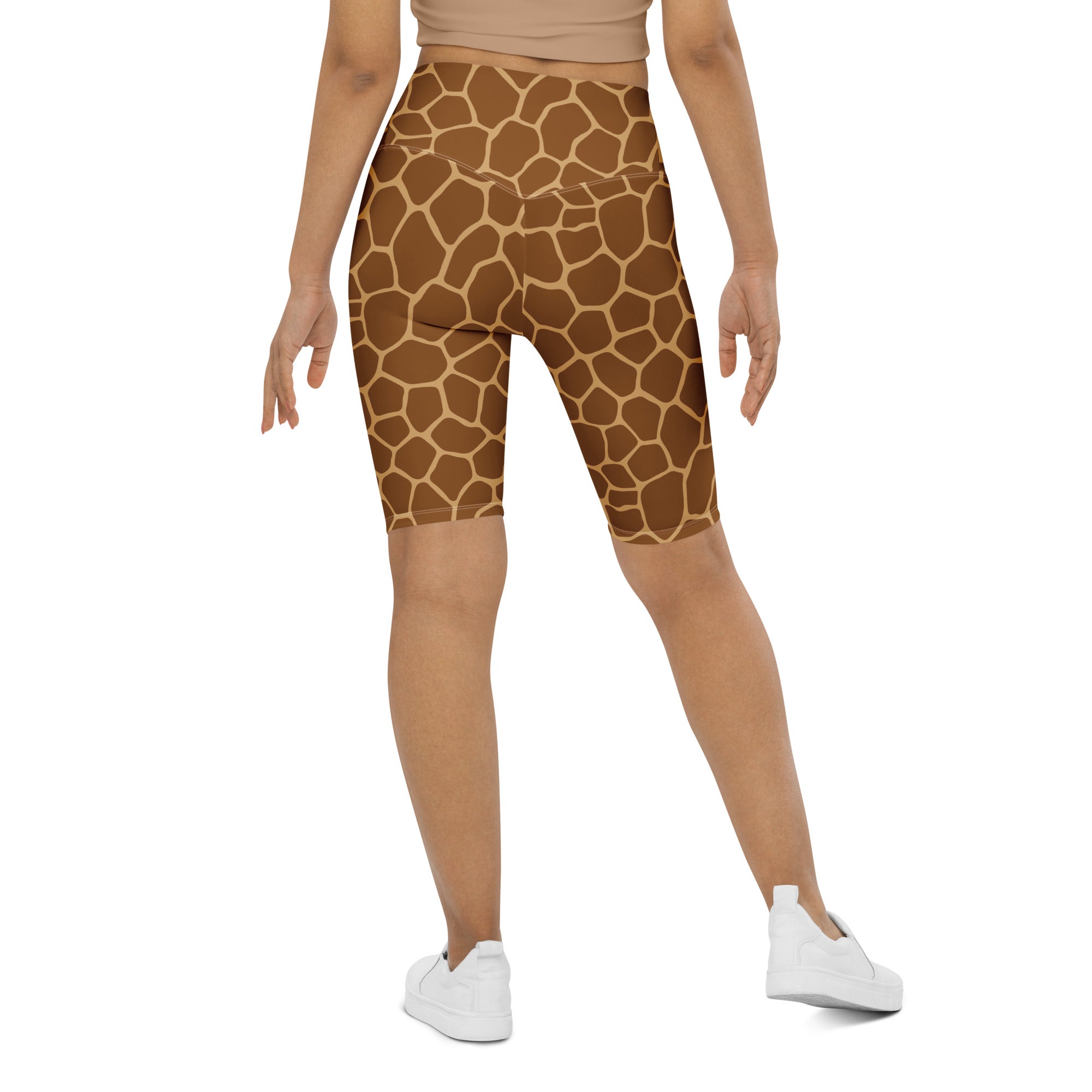 Women’s high waisted bike shorts with brown giraffe print moisture wicking active fit design