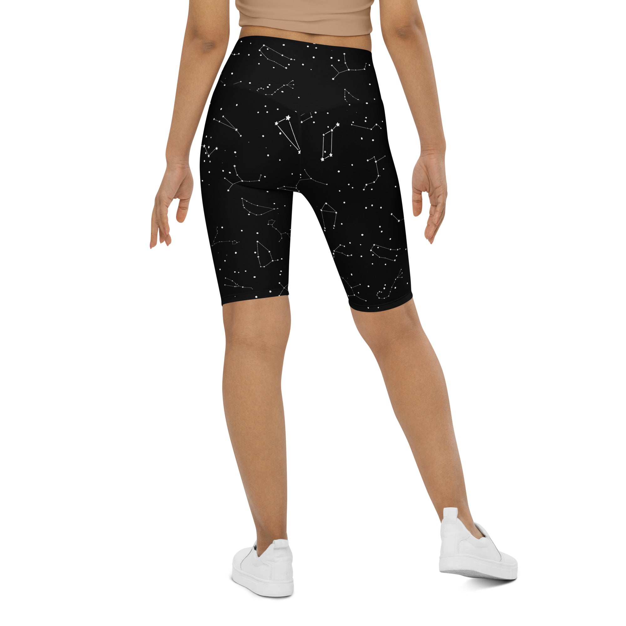 Black women’s high waisted moisture wicking cyclist shorts with white realistic constellation pattern