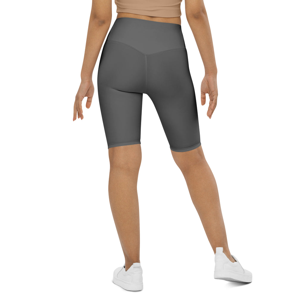 Gray women’s high waisted biker shorts with smooth stretchy fabric and moisture wicking active fit design