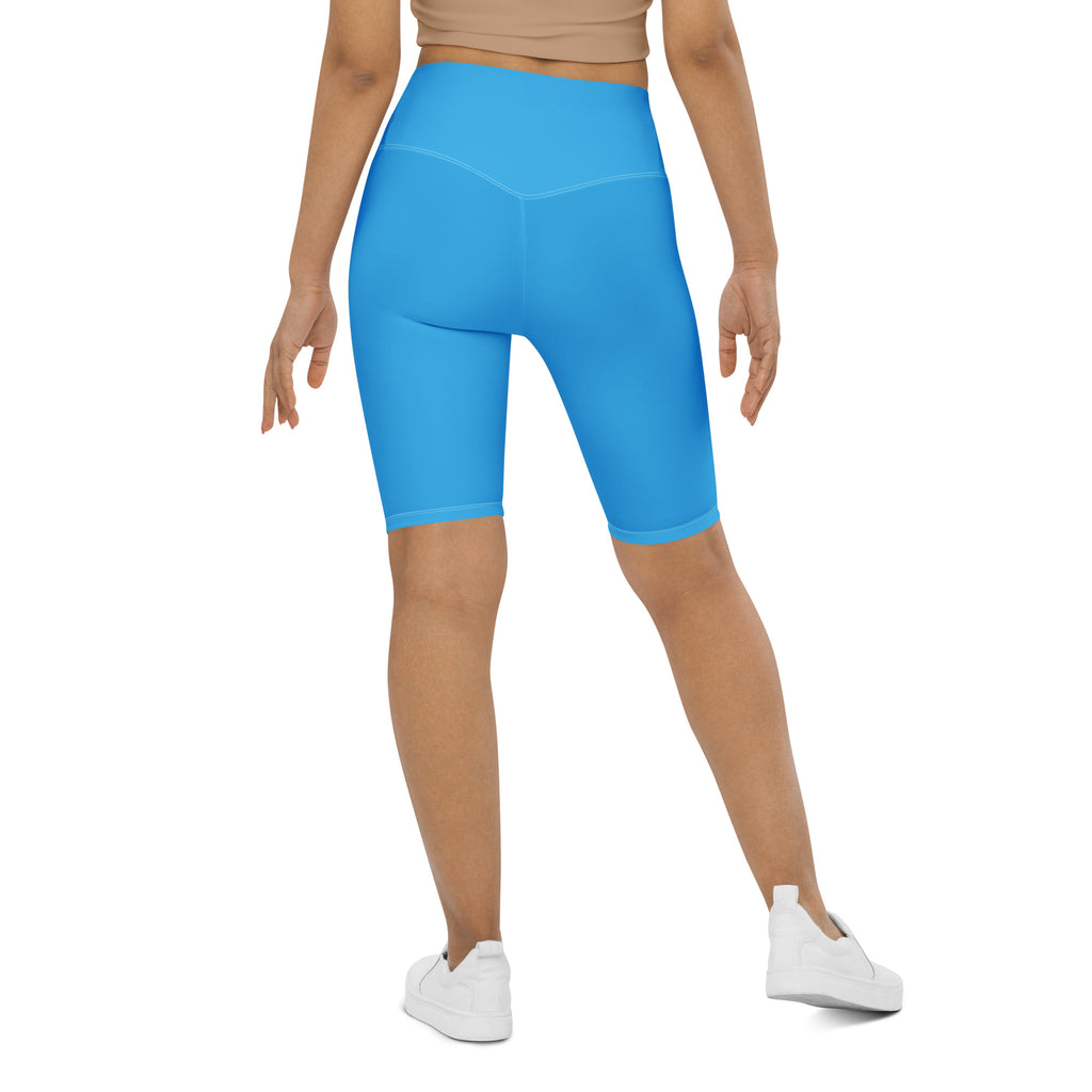 Women’s sky blue high waisted biker shorts with moisture wicking smooth stretchy fabric for active fit