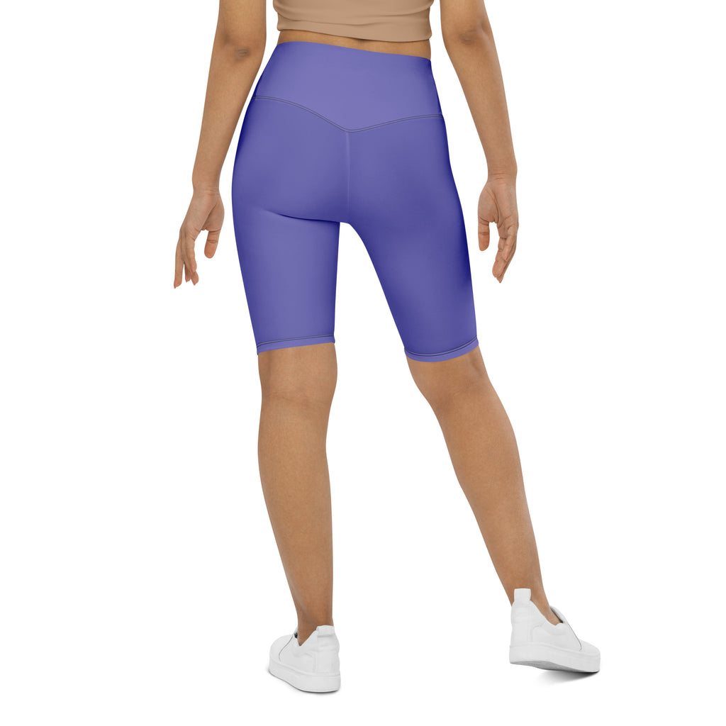 Women’s purple high waisted biker shorts with smooth stretchy fabric and moisture wicking active fit