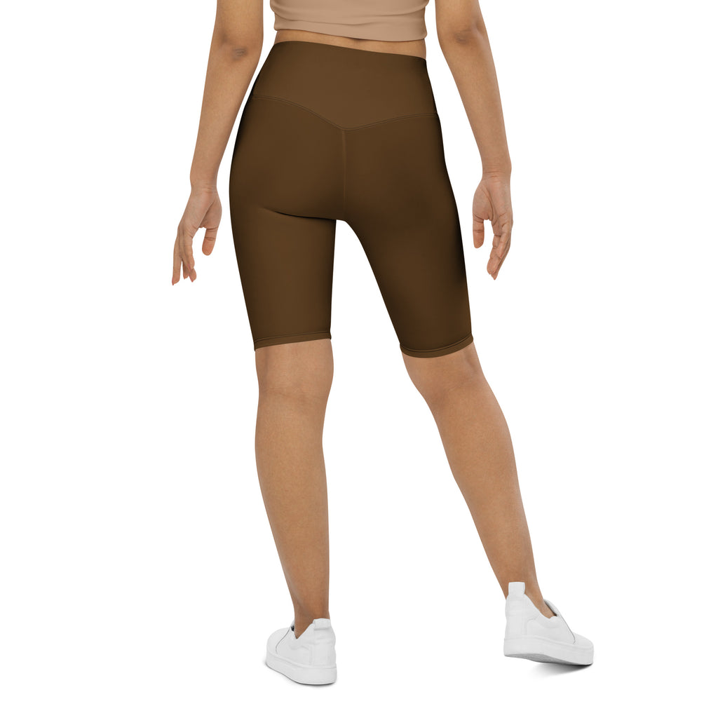 Women’s brown high waisted biker shorts with smooth stretchy moisture wicking fabric for active fit