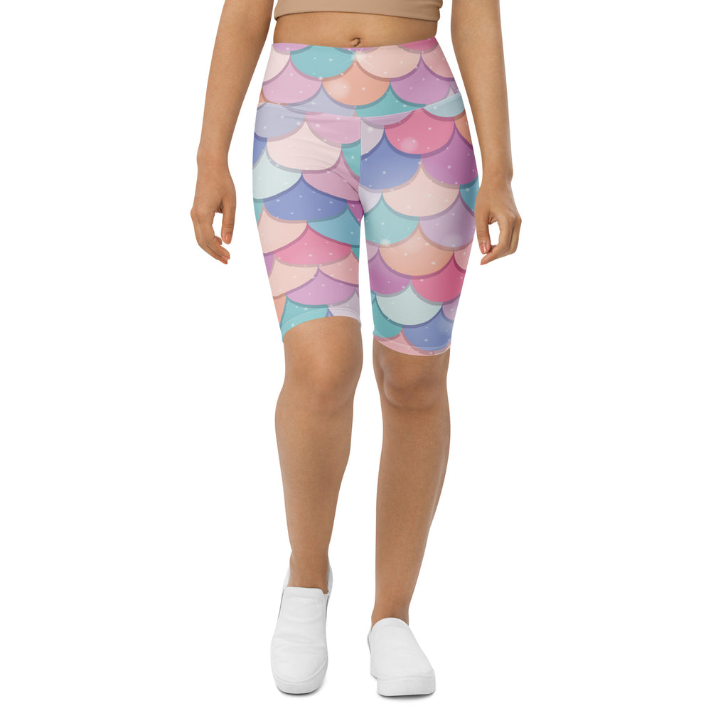 Women’s rainbow pastel mermaid scale high waisted bike shorts moisture wicking active fit front view