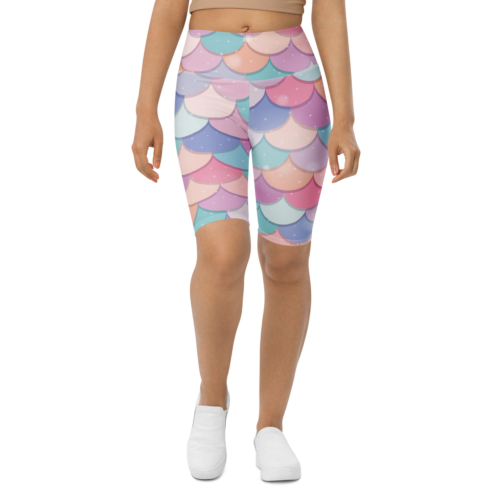 Women’s rainbow pastel mermaid scale high waisted bike shorts moisture wicking active fit front view