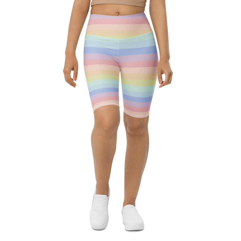 Women’s pastel striped rainbow high waisted biker shorts with moisture wicking fabric for active fit use