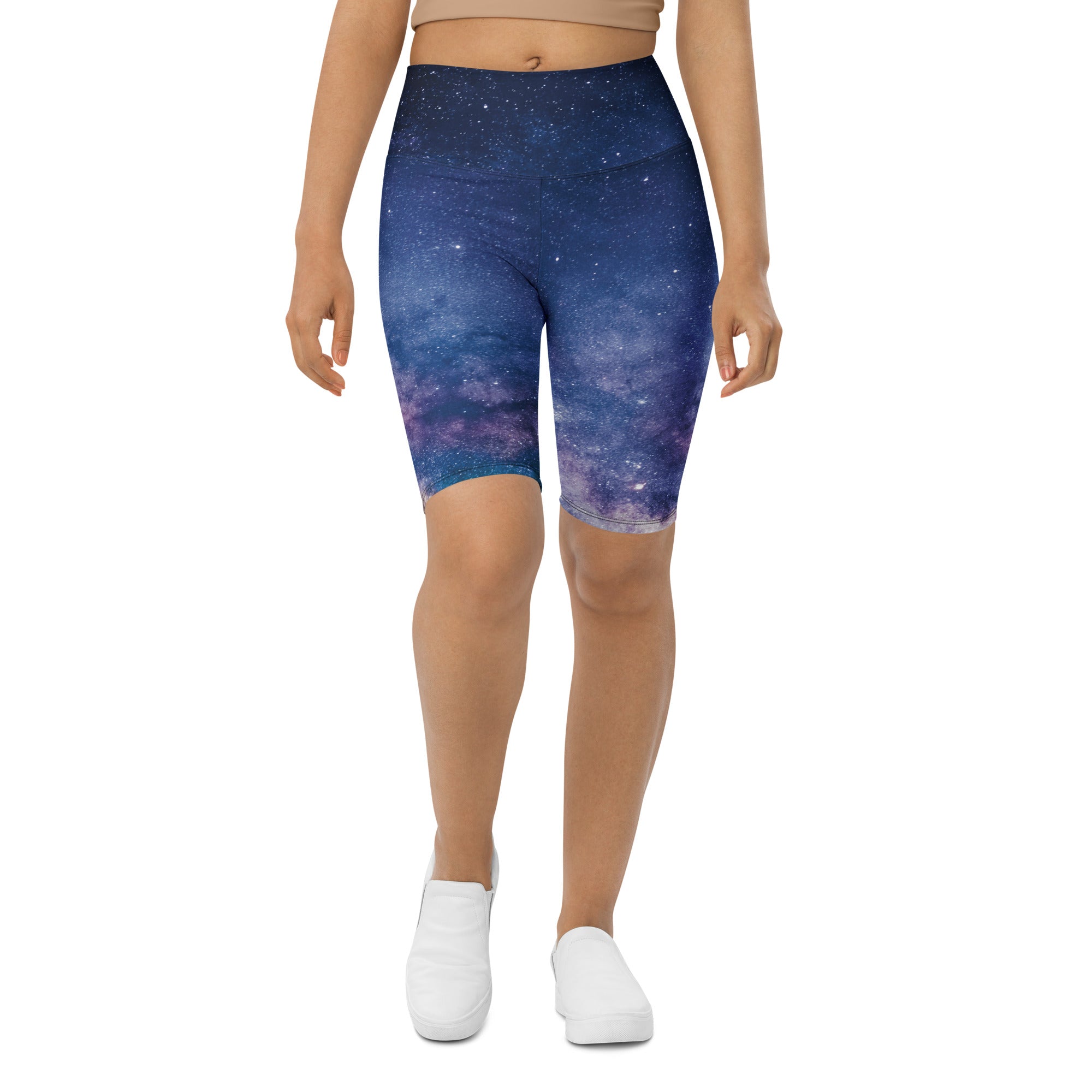 Women’s realistic galaxy high waisted biker shorts with blue and purple print and moisture wicking active fit