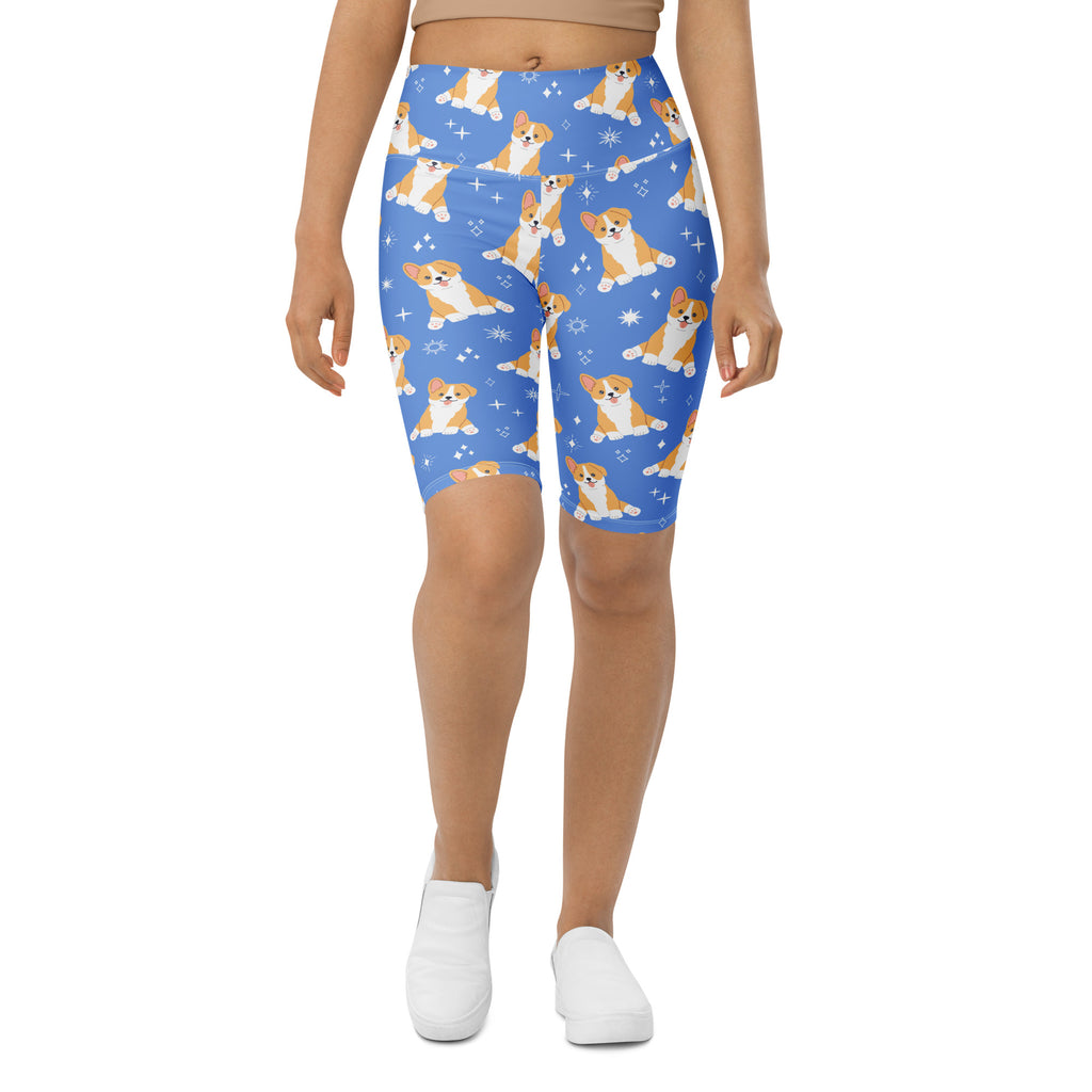 Women's Blue Corgi Dog High Waisted Biker Shorts - Moisture Wicking Active Fit