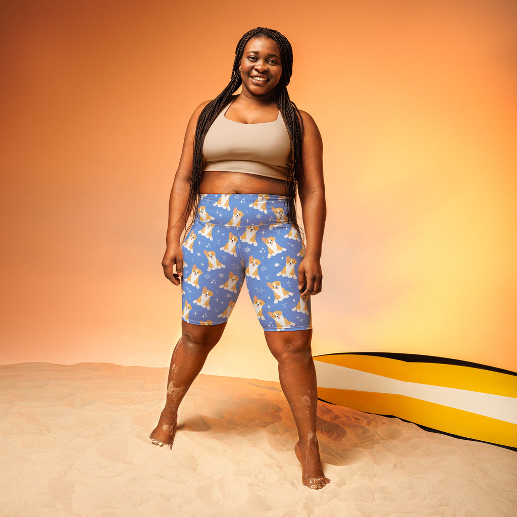 Women's Blue Corgi Dog High Waisted Biker Shorts - Moisture Wicking Active Fit