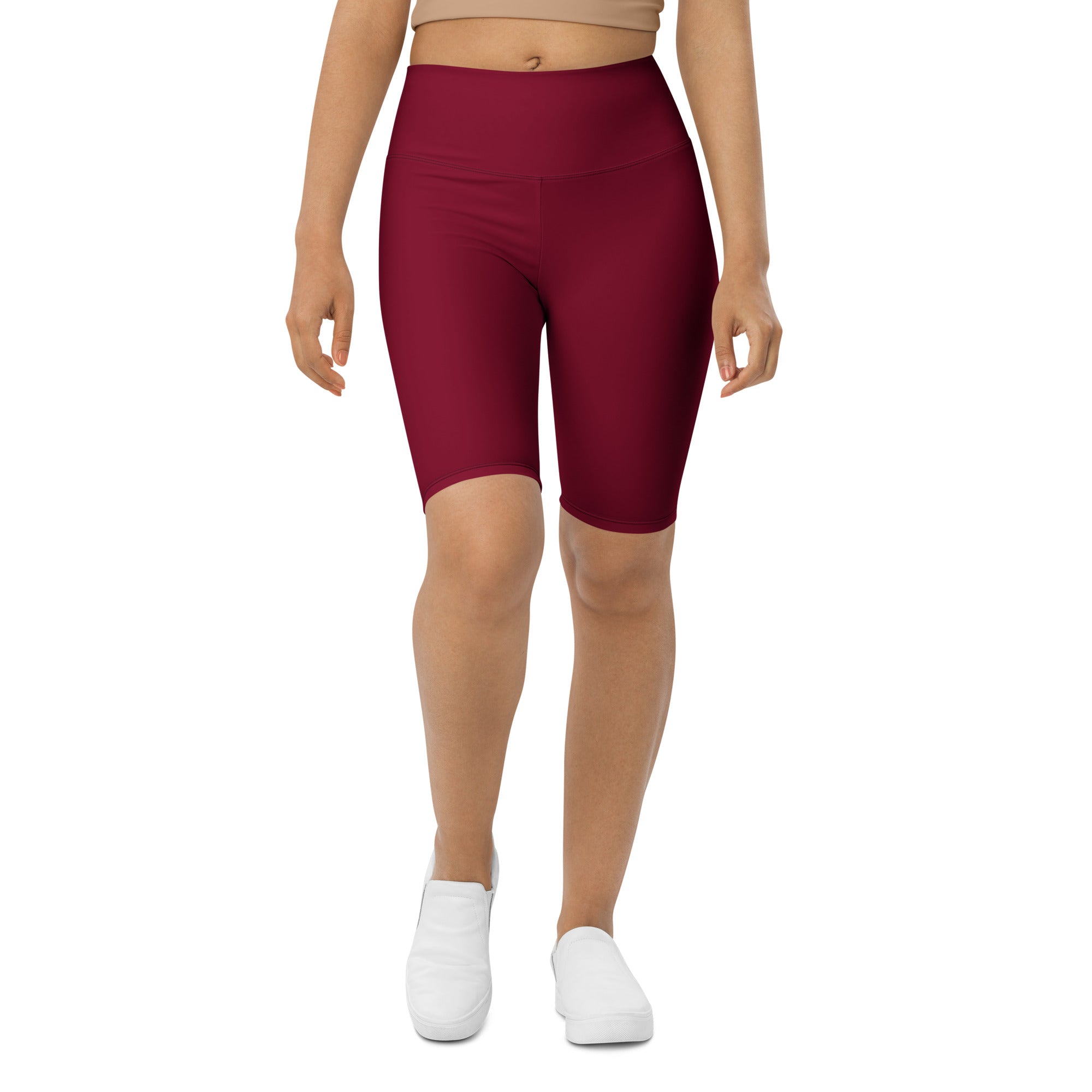 Women’s burgundy high waisted biker shorts in smooth stretchy moisture wicking fabric for active fit use